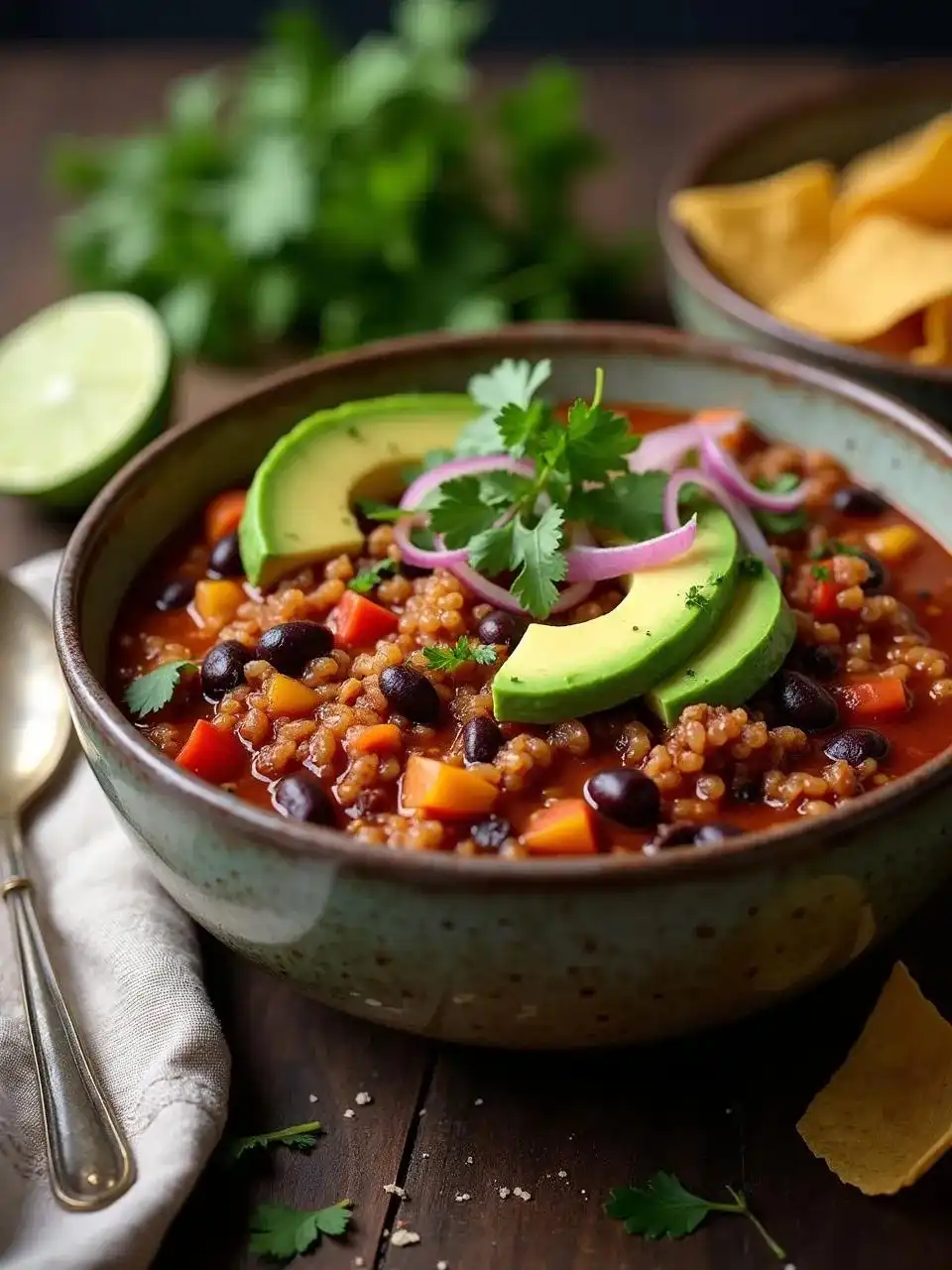 Vegan quinoa and black bean chili topped with avocado, cilantro, red onions, and tortilla chips, served in a rustic bowl.