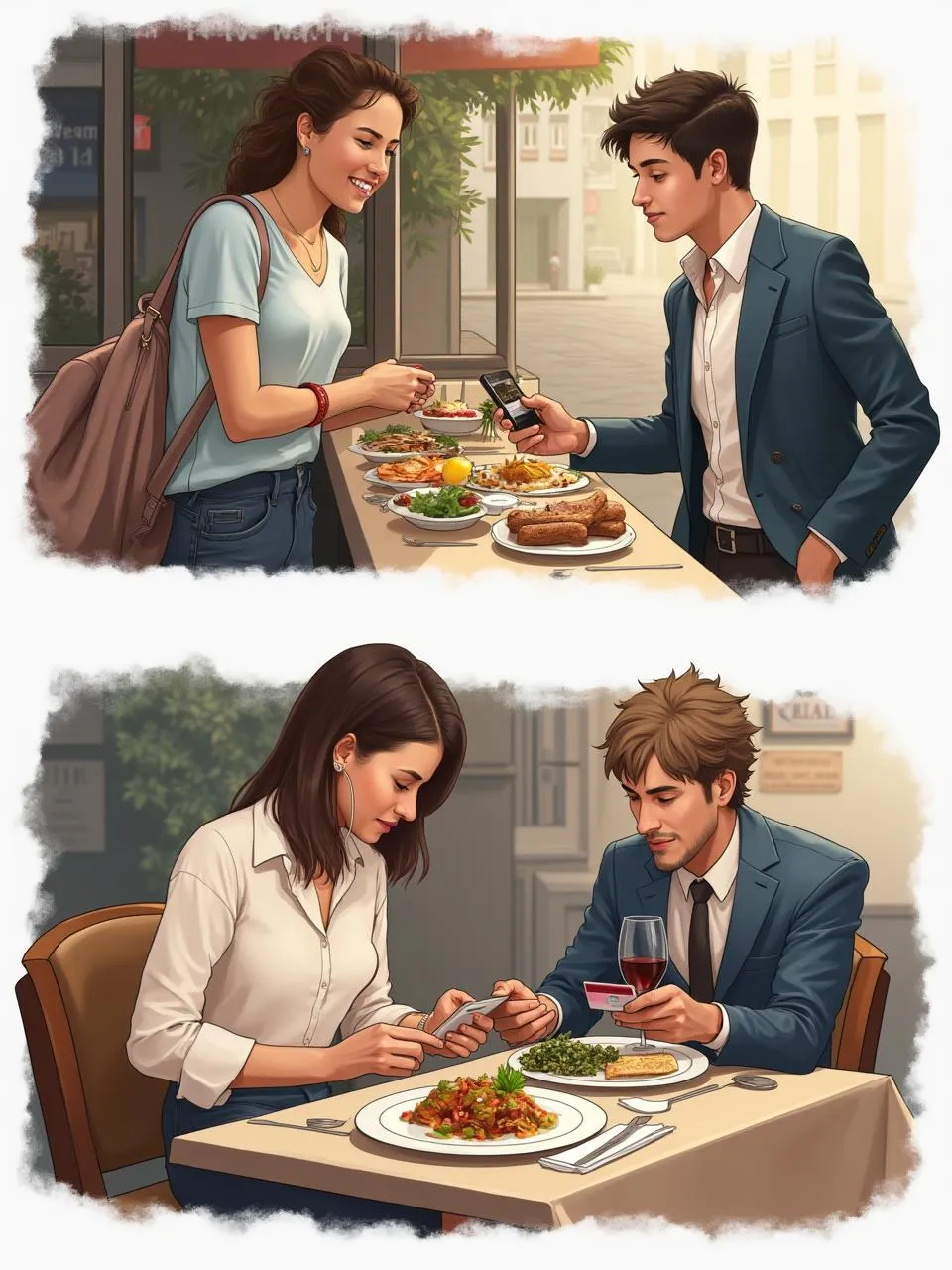 Realistic illustration of two people with contrasting dining budgets — one at a street food stall managing expenses, the other dining at an upscale restaurant.