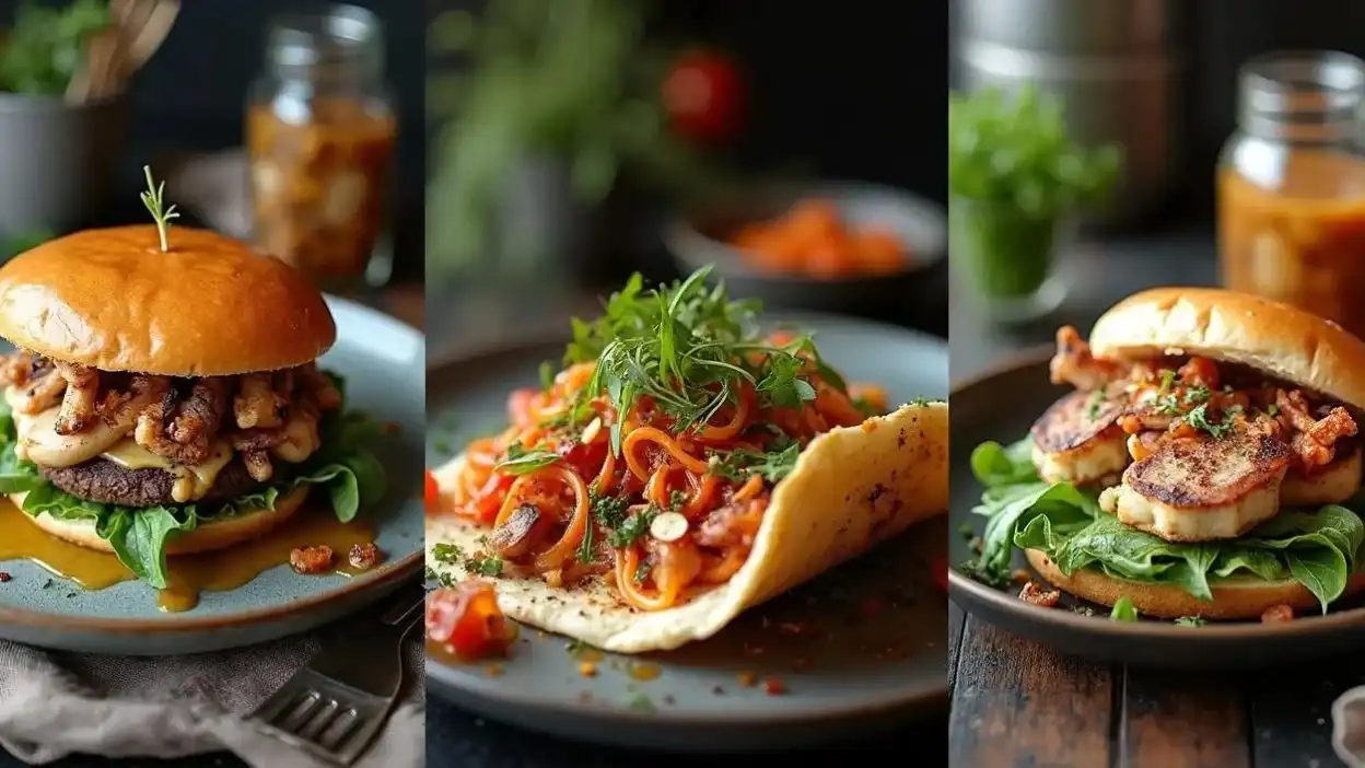 Realistic photo of trending global dishes including plant-based meals, gourmet street food, and fermented foods in a modern dark-toned kitchen setting.