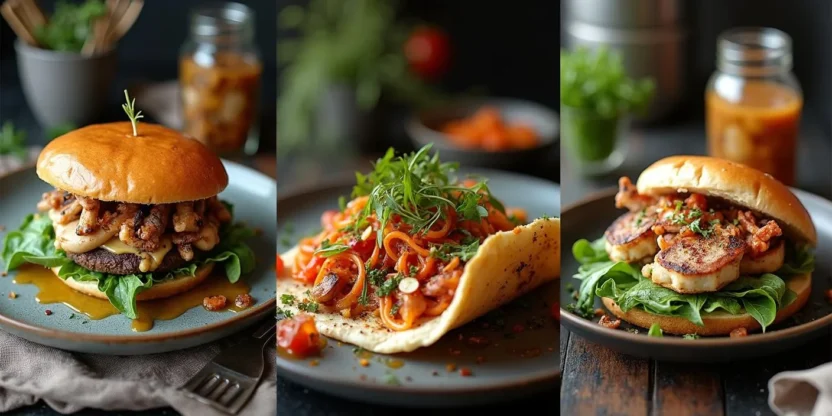 Realistic photo of trending global dishes including plant-based meals, gourmet street food, and fermented foods in a modern dark-toned kitchen setting.