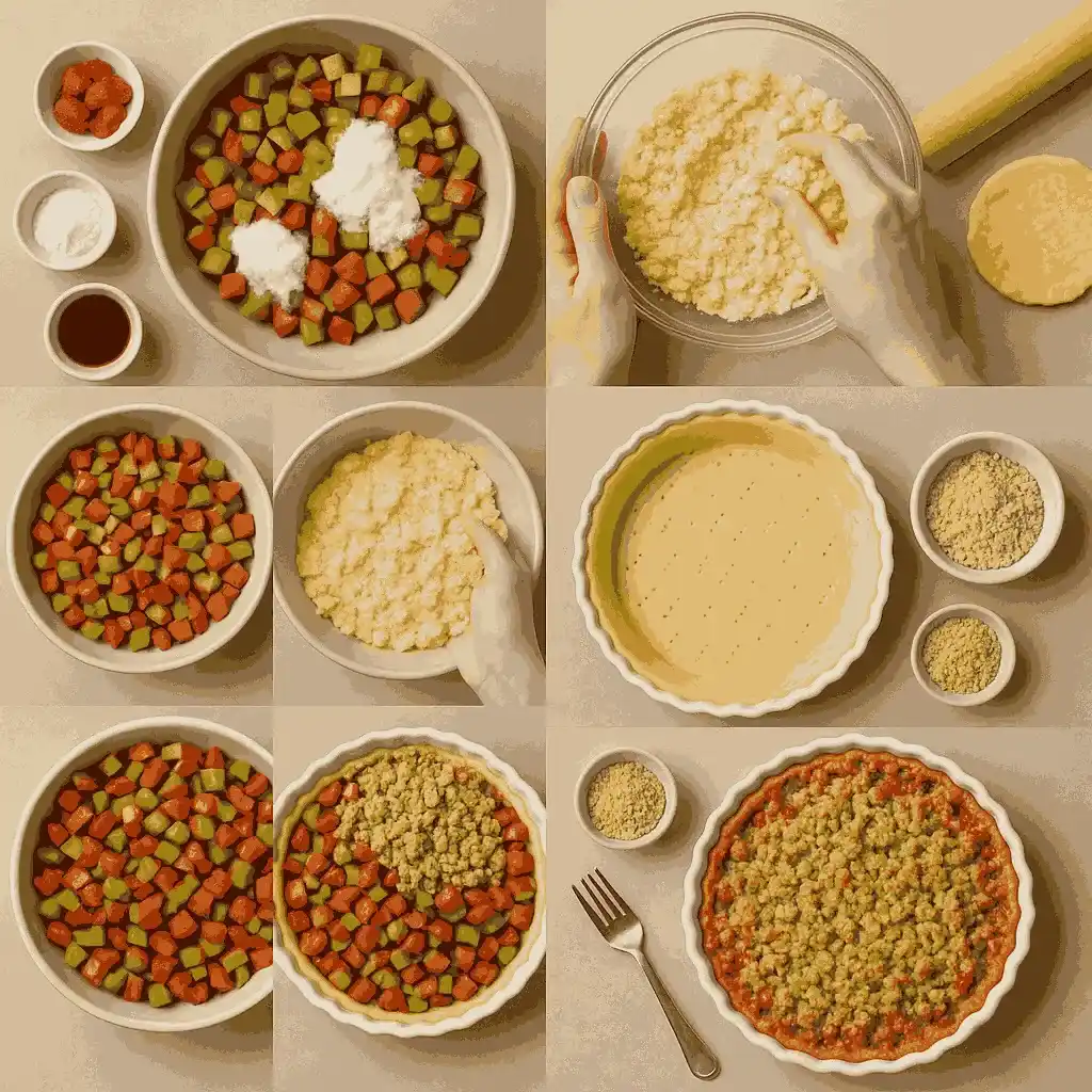 Step-by-step preparation of Swedish rhubarb pie (rabarberpaj), showing chopped rhubarb, pie crust, and crumble topping.