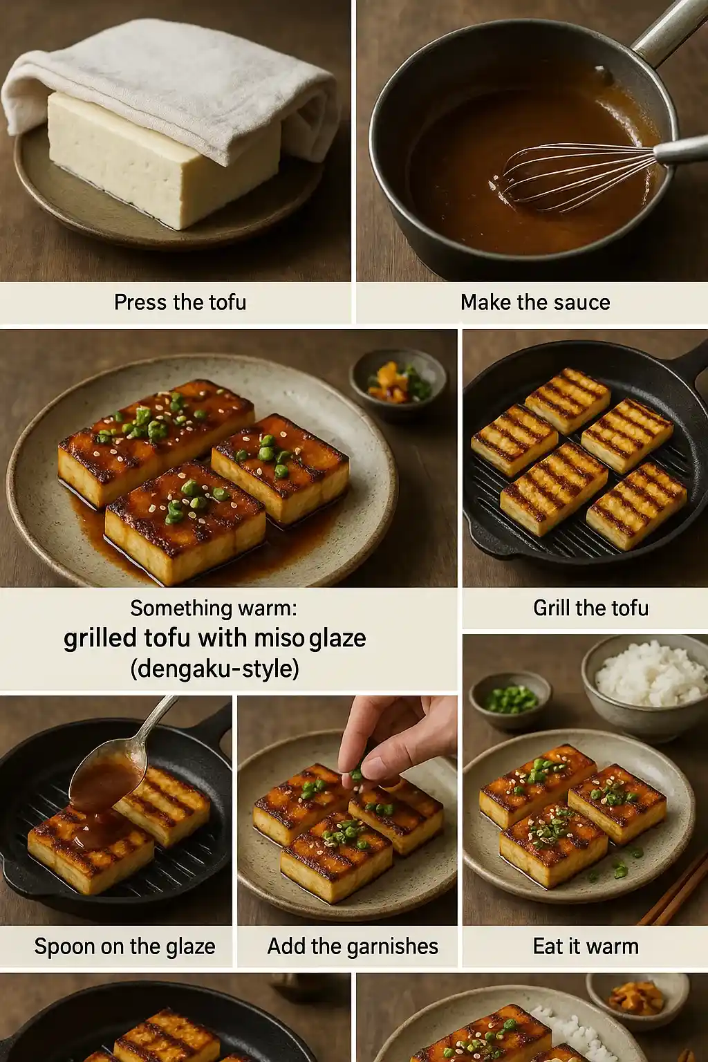 Step-by-step photo of grilled tofu with miso glaze being prepared in a kitchen setting.