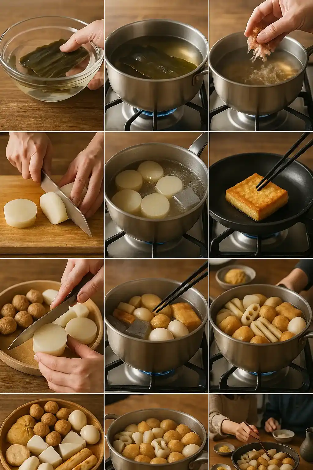 Step-by-step ingredients and instructions for making traditional Japanese oden hot pot at home.