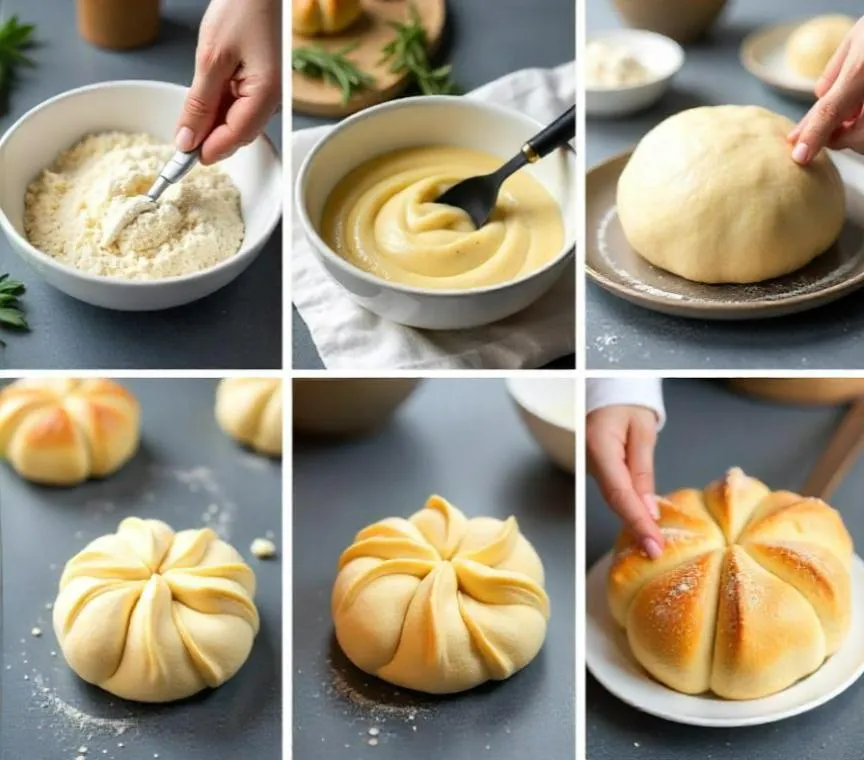 A close-up of freshly baked khachapuri, a Georgian cheese-filled bread with a runny egg yolk in the center, served on a wooden board