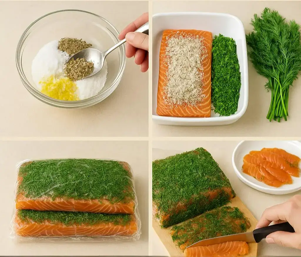 Cold gravad lax in a glass, garnished with fresh dill and accompanied by crispy bread.