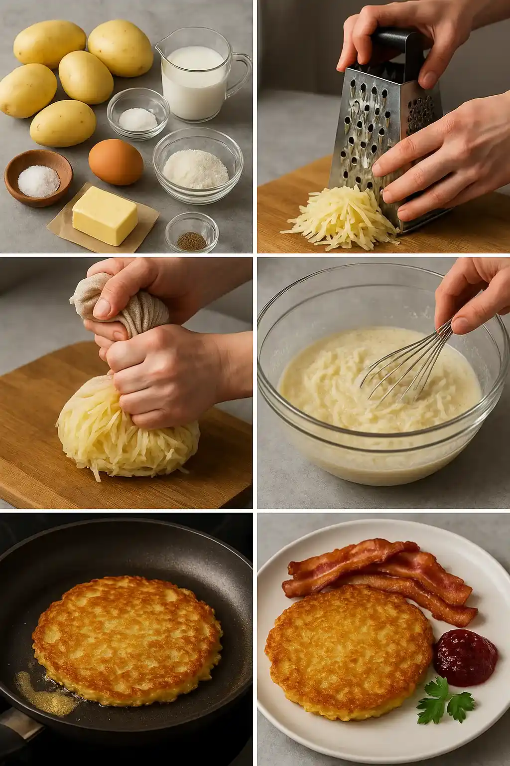 Step-by-step recipe for Swedish raggmunk, crispy potato pancakes served with bacon and lingonberry jam.