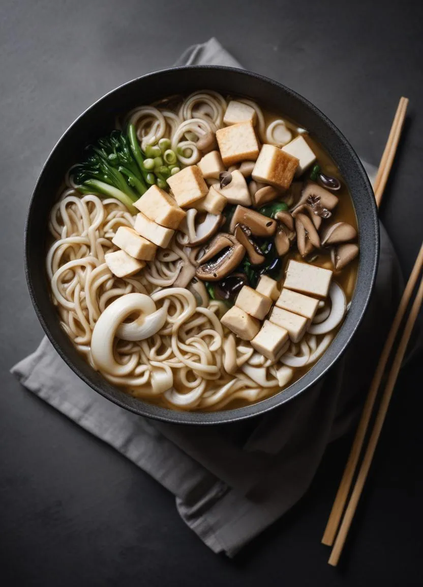 Thick and chewy udon noodles served in a savory broth topped with fresh vegetables and tofu.