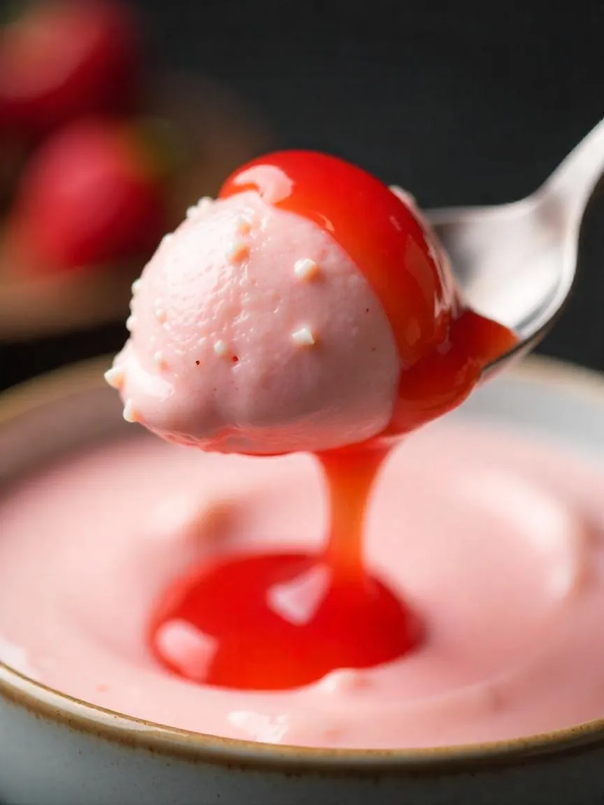 Spoonful of creamy Norwegian riskrem with strawberry sauce.
