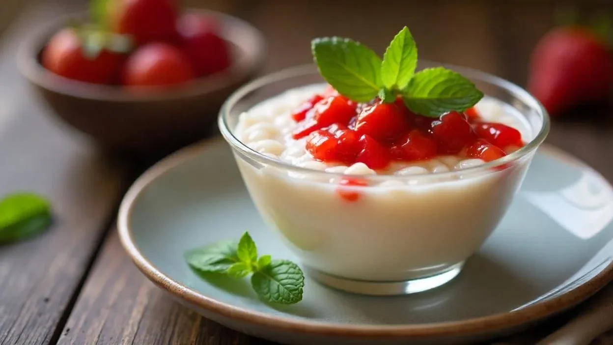 Norwegian rice cream with strawberry sauce in a glass bowl.