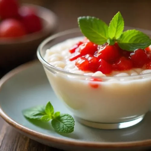 Norwegian rice cream with strawberry sauce in a glass bowl.