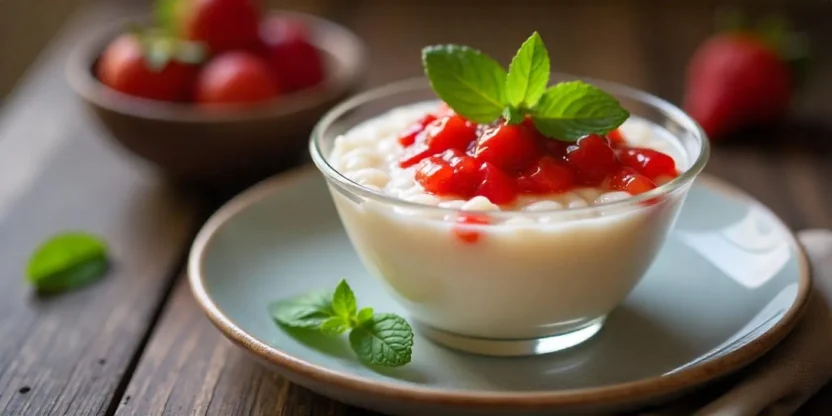 Norwegian rice cream with strawberry sauce in a glass bowl.