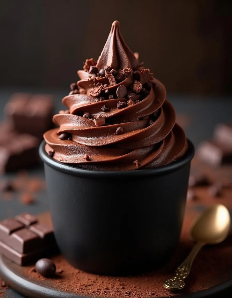 Rich chocolate frozen yogurt with chocolate curls and cocoa powder in a dark cup, styled with chocolate pieces in a cozy setting. 