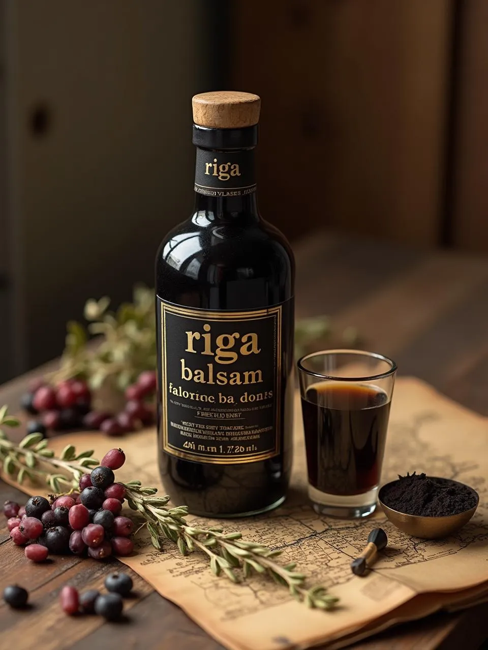 Hot tea with Riga Black Balsam and cinnamon, winter atmosphere with cozy textures.