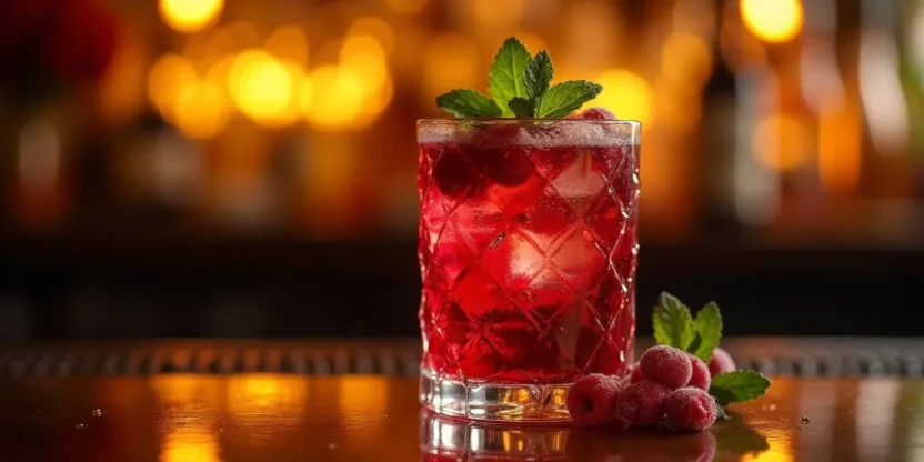 Festive Black Balsam Berry Sparkler cocktail with cranberries and mint garnish.