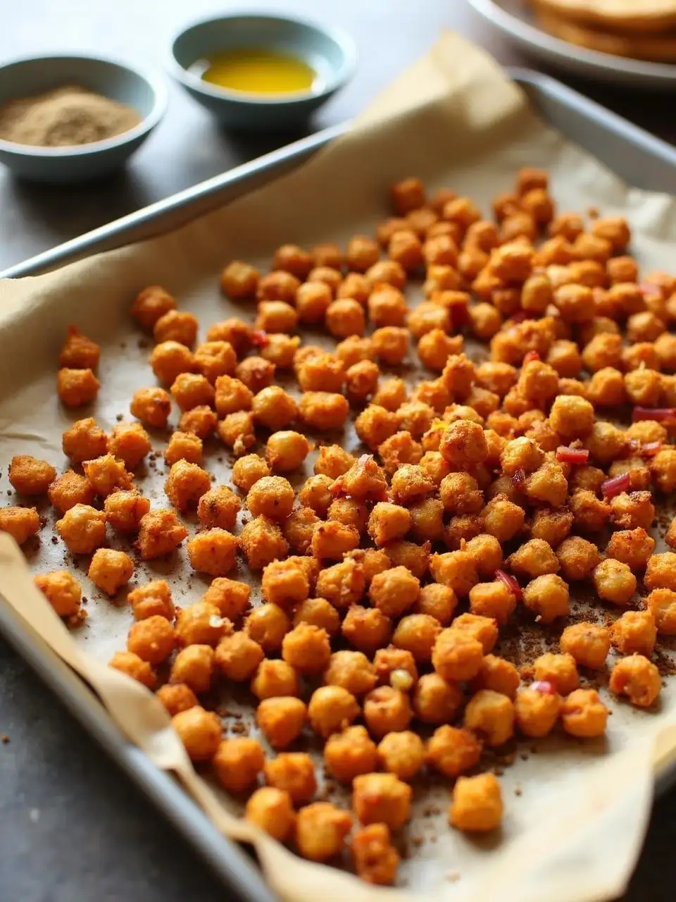 Golden crispy roasted chickpeas seasoned with paprika and spices on a parchment-lined baking tray, with bowls of spices and olive oil on the side.