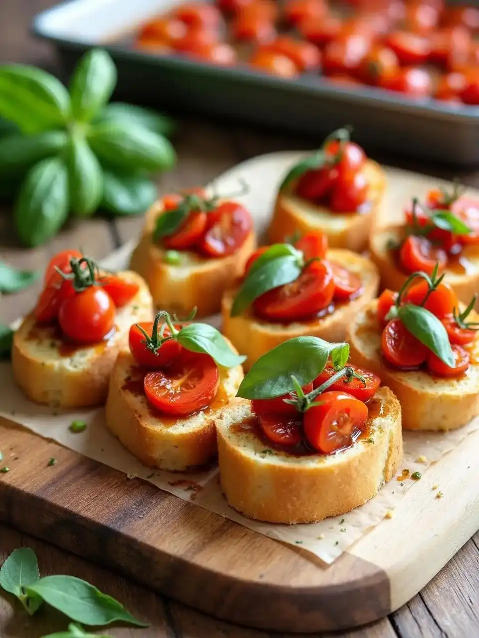 Roasted tomato bruschetta topped with garlic, basil, and olive oil on crispy toasted bread slices, served on a rustic wooden board