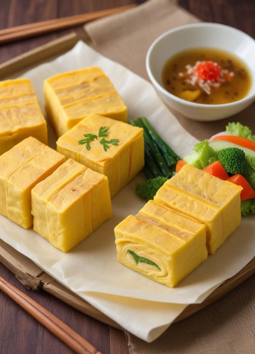 A plate of neatly sliced tamagoyaki, Japanese rolled omelette, garnished with fresh vegetables and served with a side of steamed rice.