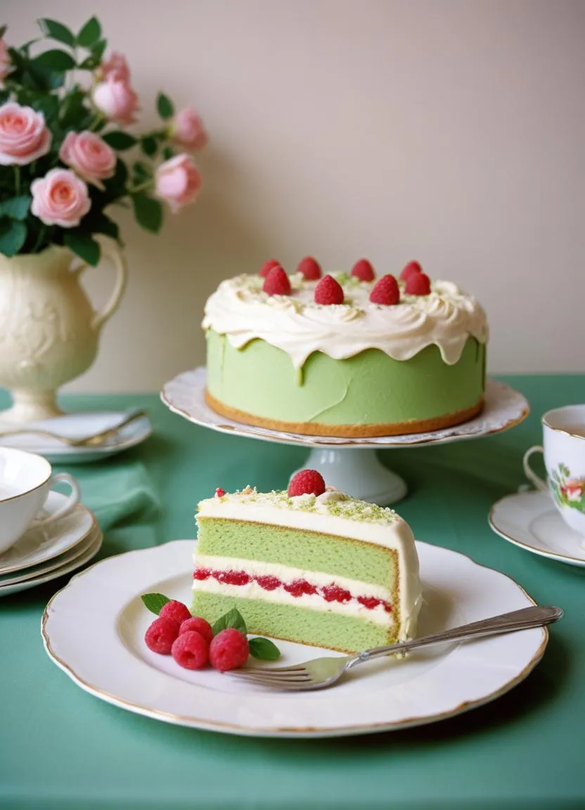 A slice of Prinsesstårta, the iconic Swedish princess cake, featuring layers of sponge, pastry cream, raspberry jam, and a vibrant green marzipan topping.