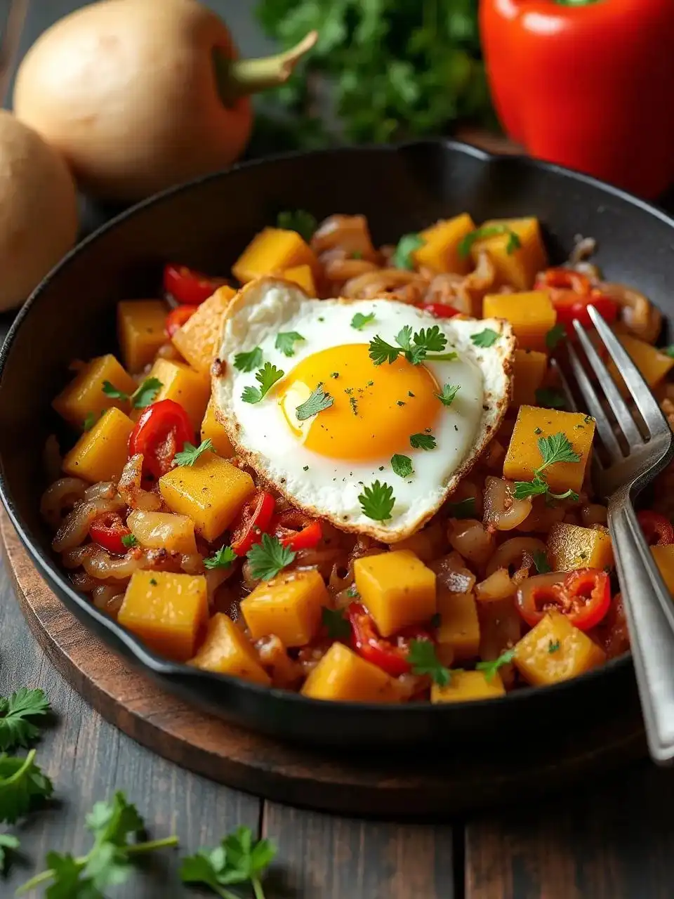 A hearty rutabaga vegetable hash with diced root vegetables, herbs, and spices, cooked to a golden crisp and served in a rustic skillet