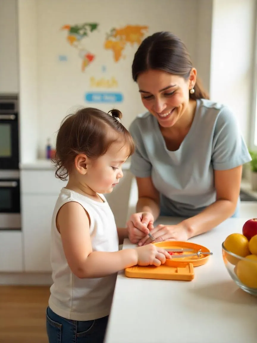 A parent supervising a child in a safe kitchen zone while cooking, with clear signs promoting safety and a child using kid-friendly utensils.