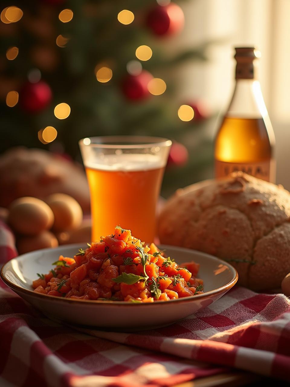 Latvian Rasols salad served with slices of rye bread, a small glass of kvass, holiday lights in the background, cozy winter ambiance