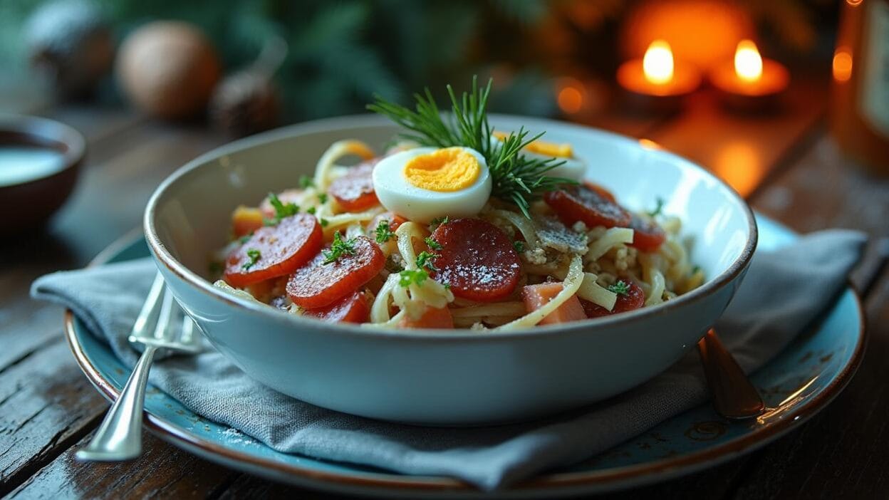 Festive Latvian salad Rasols in a white ceramic bowl, decorated with greens, surrounded by traditional holiday table decorations