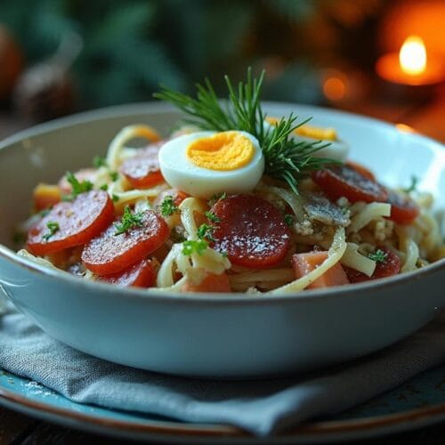 Festive Latvian salad Rasols in a white ceramic bowl, decorated with greens, surrounded by traditional holiday table decorations