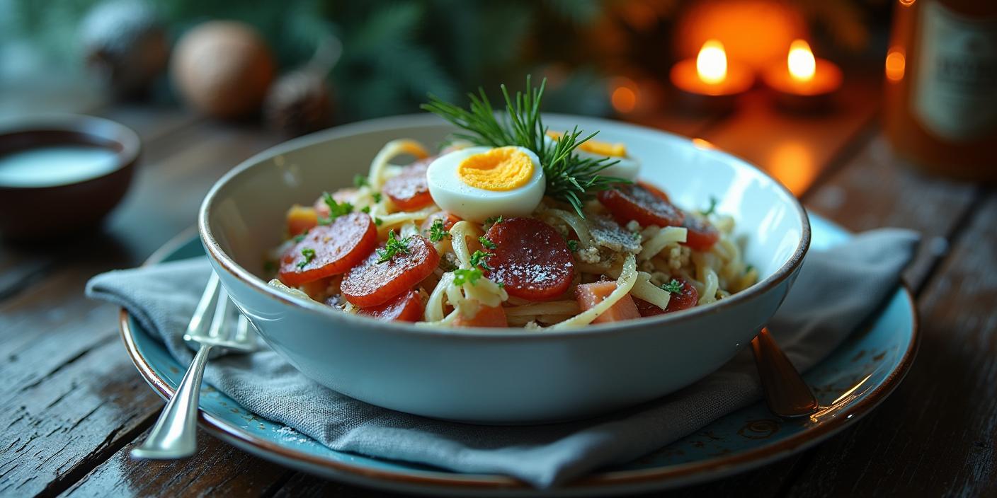 Festive Latvian salad Rasols in a white ceramic bowl, decorated with greens, surrounded by traditional holiday table decorations