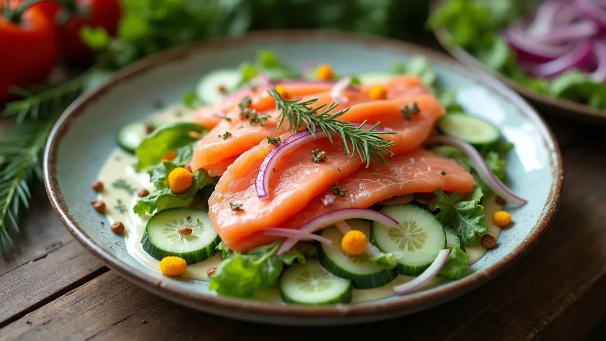 Scandinavian smoked salmon salad with pickled red onions, cucumber, dill, and creamy dressing on a ceramic plate