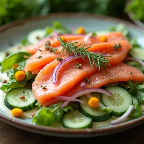 Scandinavian smoked salmon salad with pickled red onions, cucumber, dill, and creamy dressing on a ceramic plate