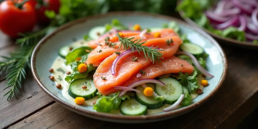 Scandinavian smoked salmon salad with pickled red onions, cucumber, dill, and creamy dressing on a ceramic plate