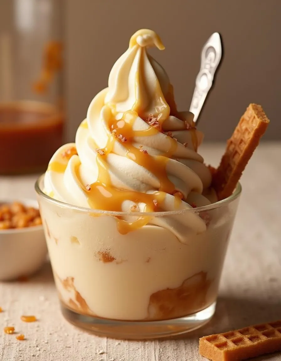 Salted caramel frozen yogurt with caramel drizzle and sea salt flakes, served in a rustic bowl on a warm-toned background. 