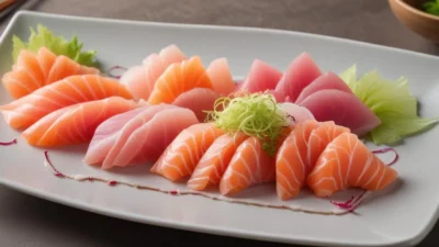 A beautifully arranged plate of fresh sashimi featuring slices of tuna, salmon, and garnishes like wasabi, pickled ginger, and shredded daikon radish.
