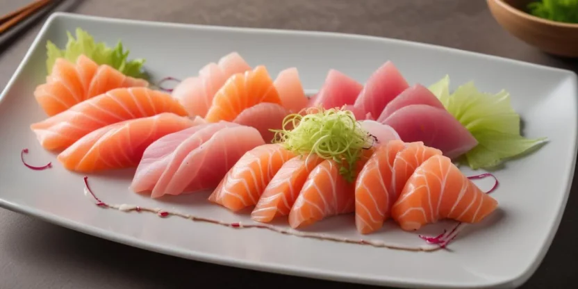 A beautifully arranged plate of fresh sashimi featuring slices of tuna, salmon, and garnishes like wasabi, pickled ginger, and shredded daikon radish.