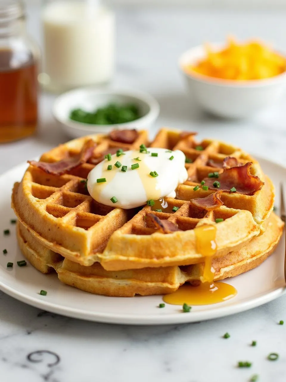 Savory waffles with cheddar and chives, topped with sour cream and honey, served with bacon and a poached egg on a white plate.