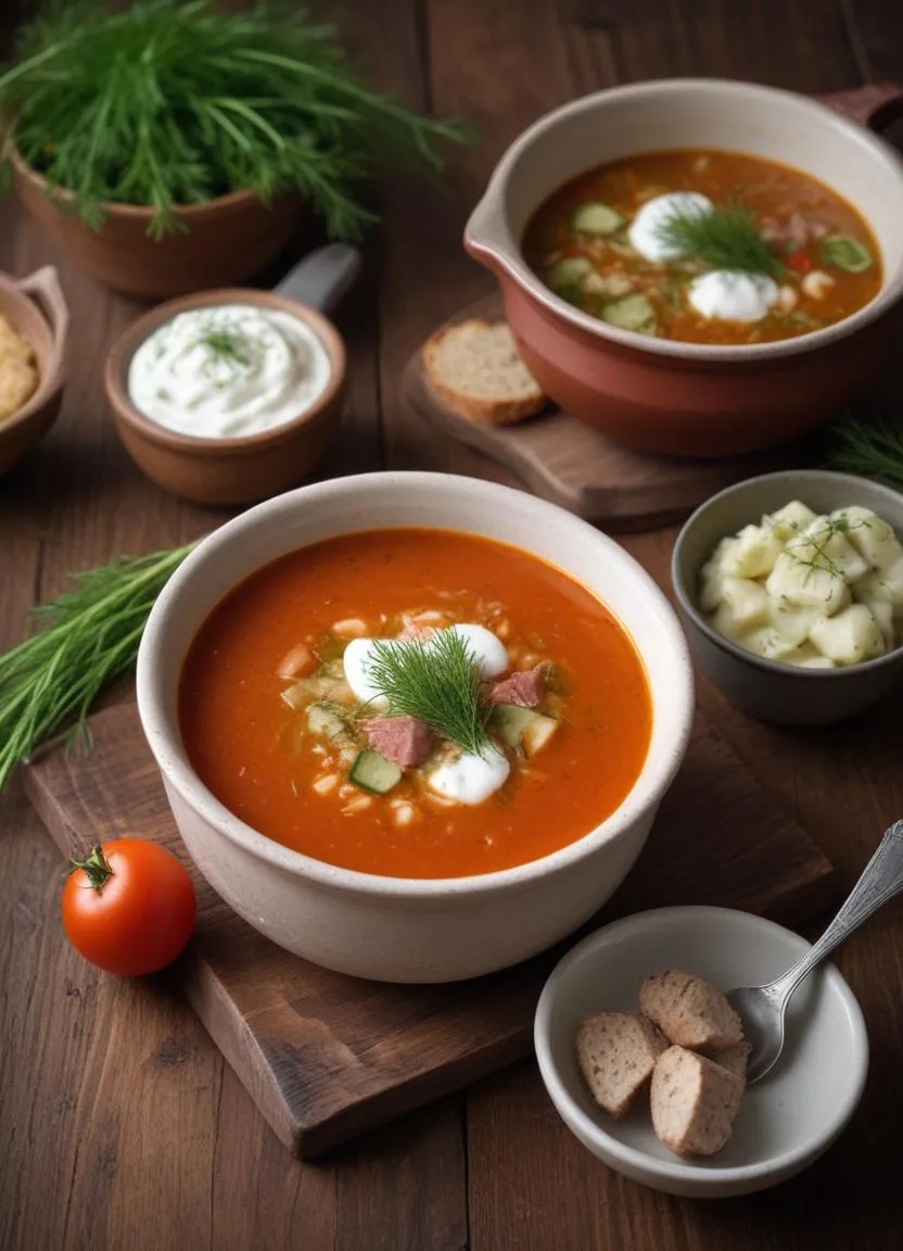 Close-up of a hearty bowl of seljanka, featuring smoked sausage, pickled cucumbers, olives, and a rich tomato broth, garnished with lemon and dill.