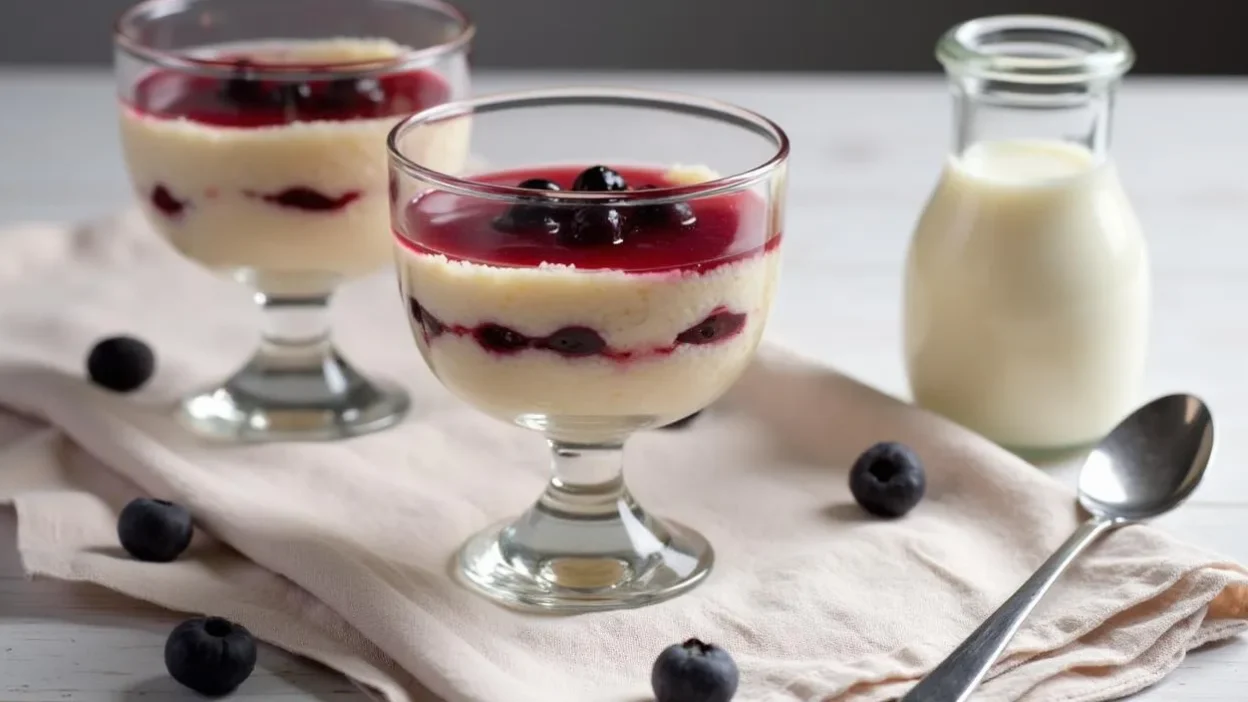 Fluffy Latvian Buberts dessert topped with cranberry kissel in a rustic bowl