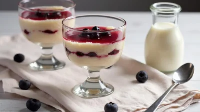 Fluffy Latvian Buberts dessert topped with cranberry kissel in a rustic bowl