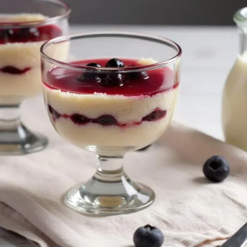 Fluffy Latvian Buberts dessert topped with cranberry kissel in a rustic bowl