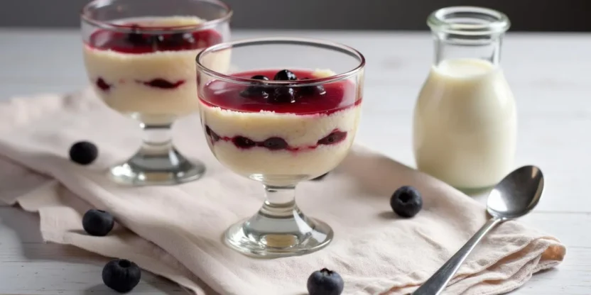 Fluffy Latvian Buberts dessert topped with cranberry kissel in a rustic bowl