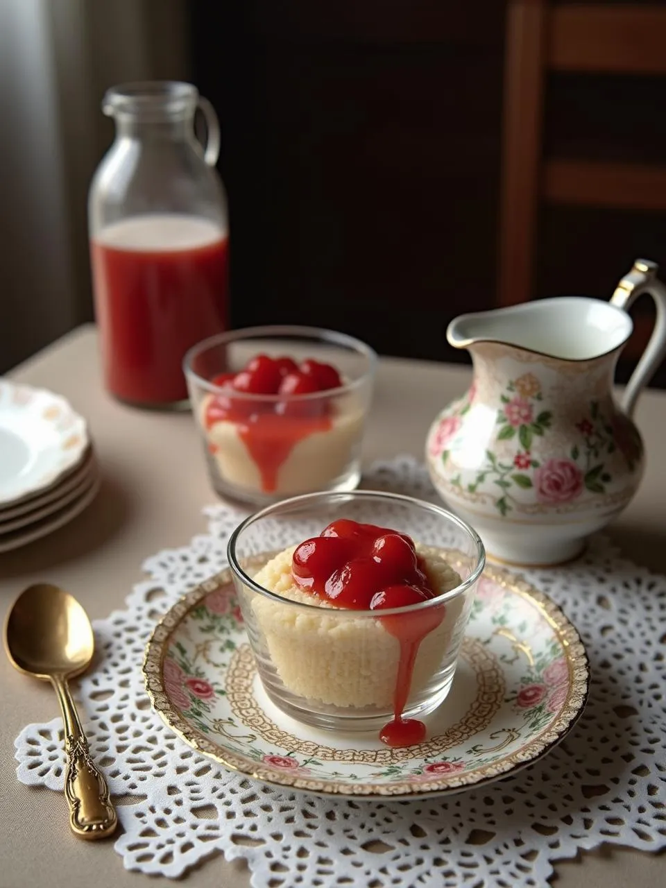 Creamy Buberts with a swirl of blackcurrant sauce and mint on top