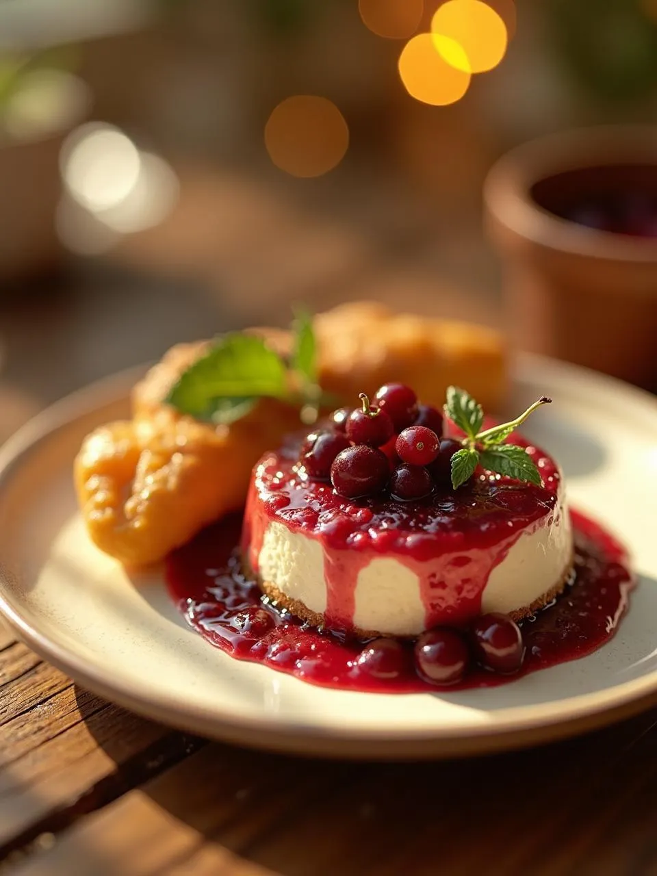 Glass cups filled with Buberts and berry sauce on a wooden table