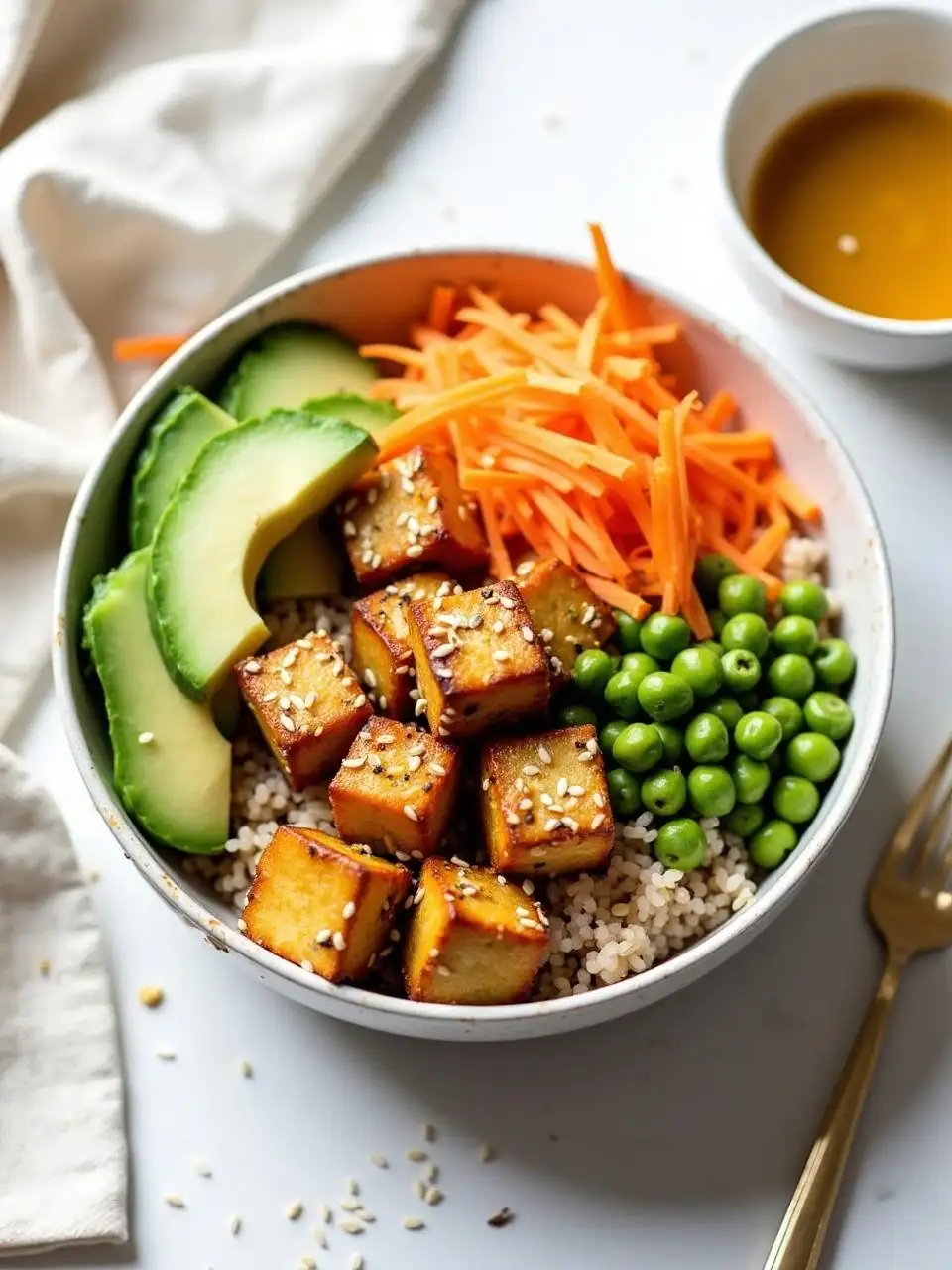 Vegan poke bowl with sesame ginger tofu, fresh veggies, and rice — a flavorful plant-based meal.