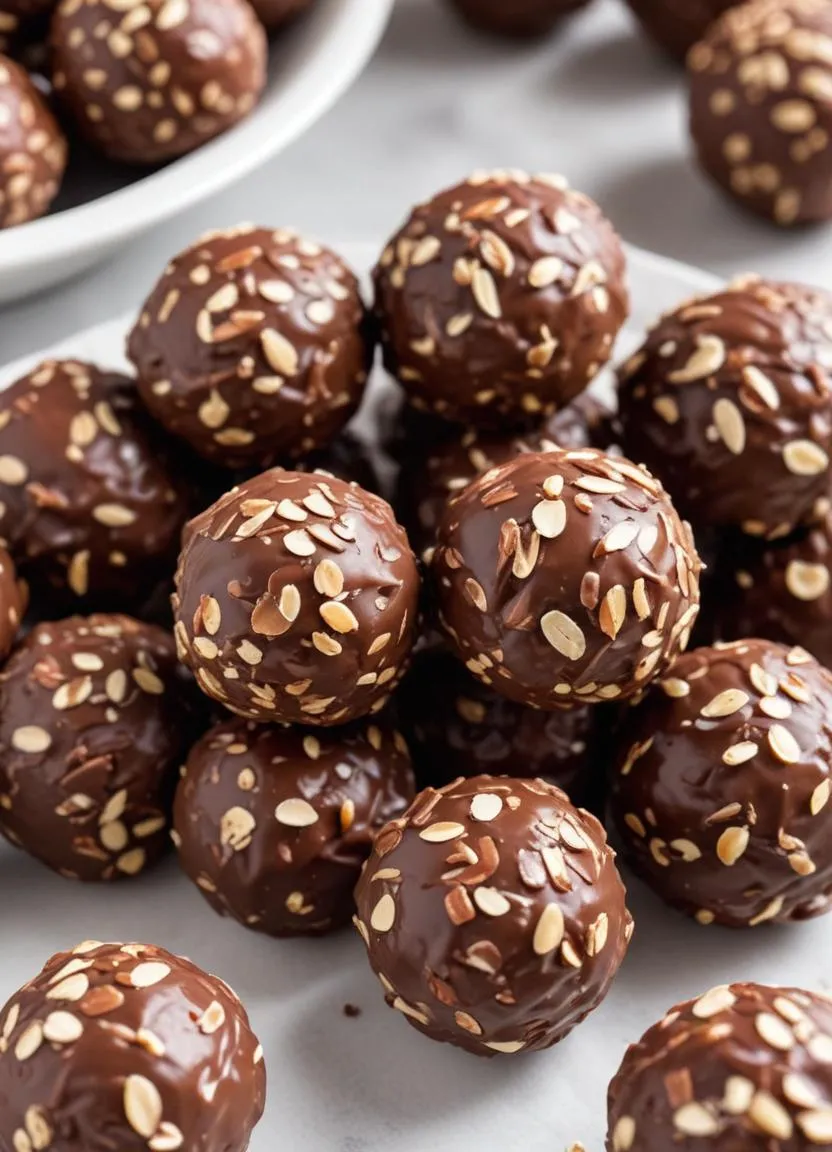 Close-up of Swedish chokladbollar (chocolate oat balls) coated with shredded coconut, placed on a rustic wooden table, ready to be enjoyed with a cup of coffee.