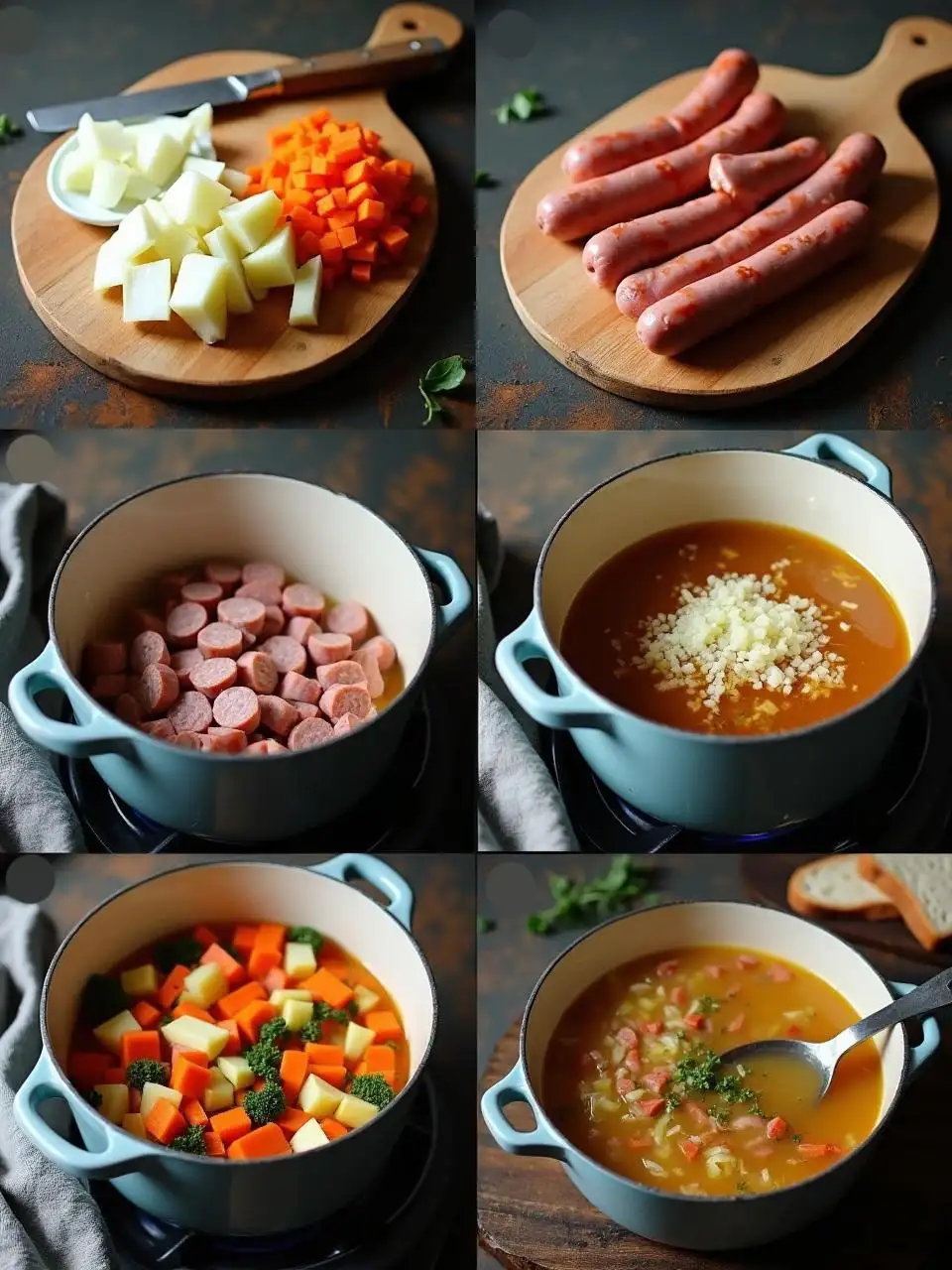 Step-by-step cooking process of Finnish sausage soup (Siskonmakkarakeitto) with root vegetables and pork sausage in a rustic kitchen.