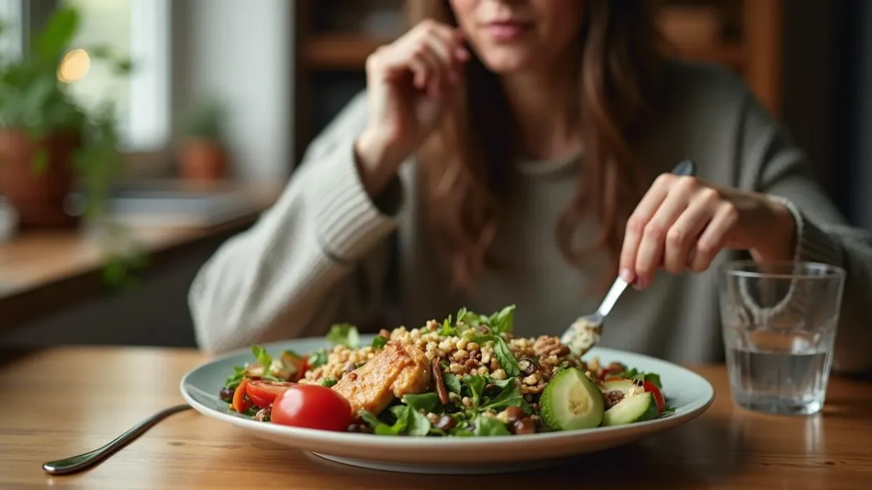 Person eating slowly and mindfully at a kitchen table with a balanced meal, showing calm and distraction-free dining.