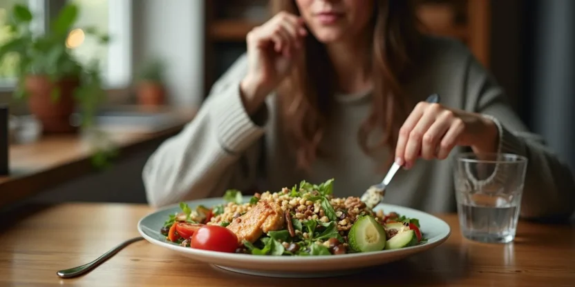 Person eating slowly and mindfully at a kitchen table with a balanced meal, showing calm and distraction-free dining.
