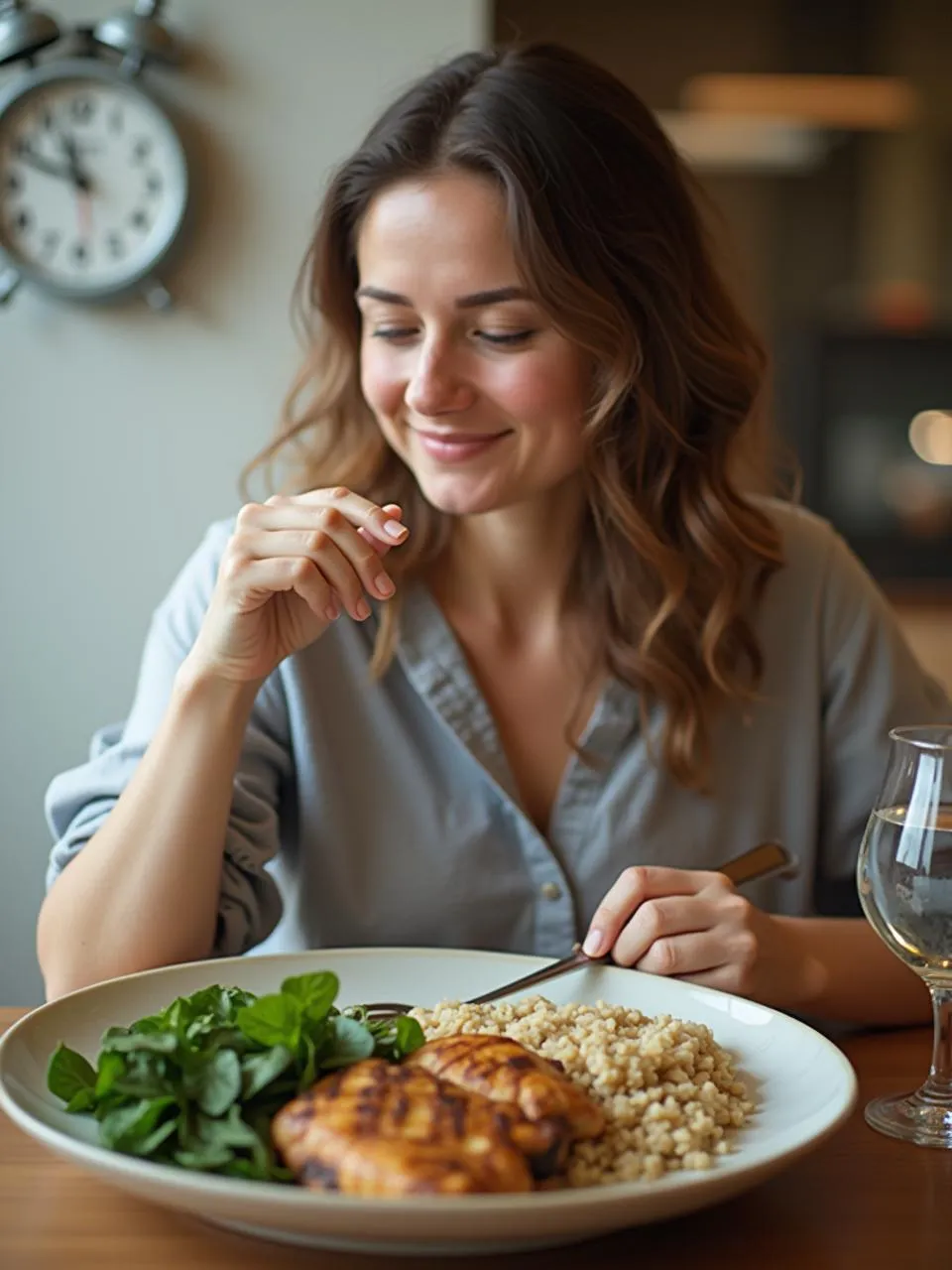 Person eating a balanced meal slowly, with a clock in the background suggesting time awareness for portion control and mindful eating.