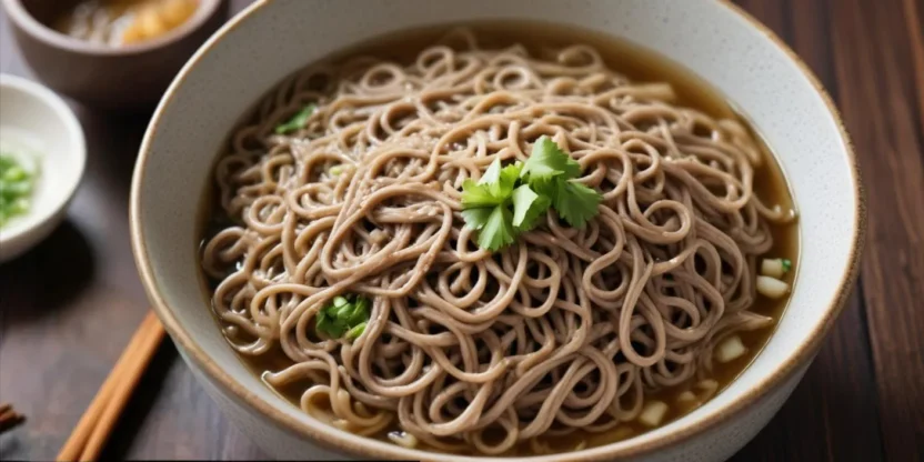 A bowl of traditional Japanese soba noodles served with dipping sauce and garnished with green onions and seaweed.