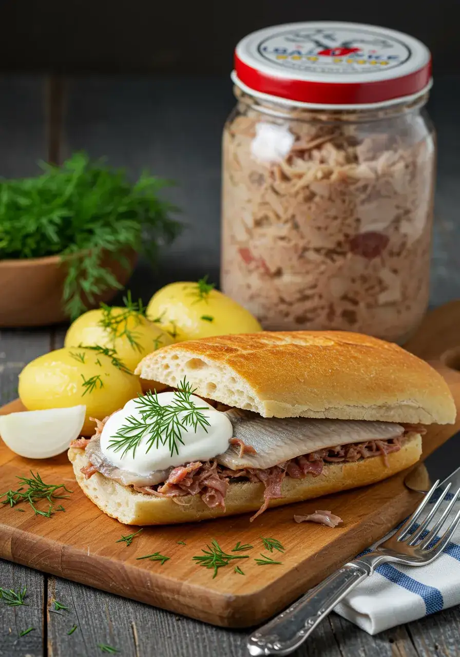 A Swedish surströmming feast: fermented herring served with traditional accompaniments like tunnbröd, sour cream, and snaps.